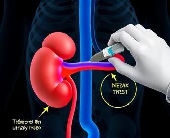 A diagram illustrating the Lasix renogram procedure, showing how radioactive dye is injected into a patient's vein and then monitored as it passes through the kidneys.