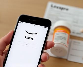 Amazon Clinic Lexapro logo: a stylized 'A' symbol in blue, with a yellow arrow pointing to the right and the words 'Lexapro' and 'Amazon Clinic' written below