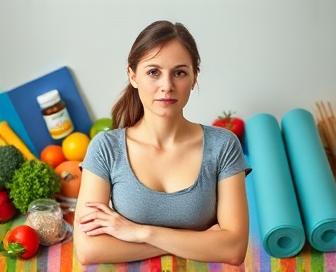 Woman in a healthy lifestyle, smiling and holding a balanced plate of food.