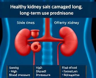 Close-up of kidneys in human body with red arrow pointing out potential damage caused by prednisone side effects