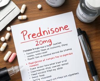 Prednisone 20 mg medication bottle with doctor's prescription pad